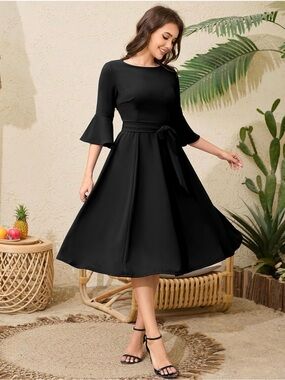 Elegant Black Midi Fit & Flare Dress with Tie Waist